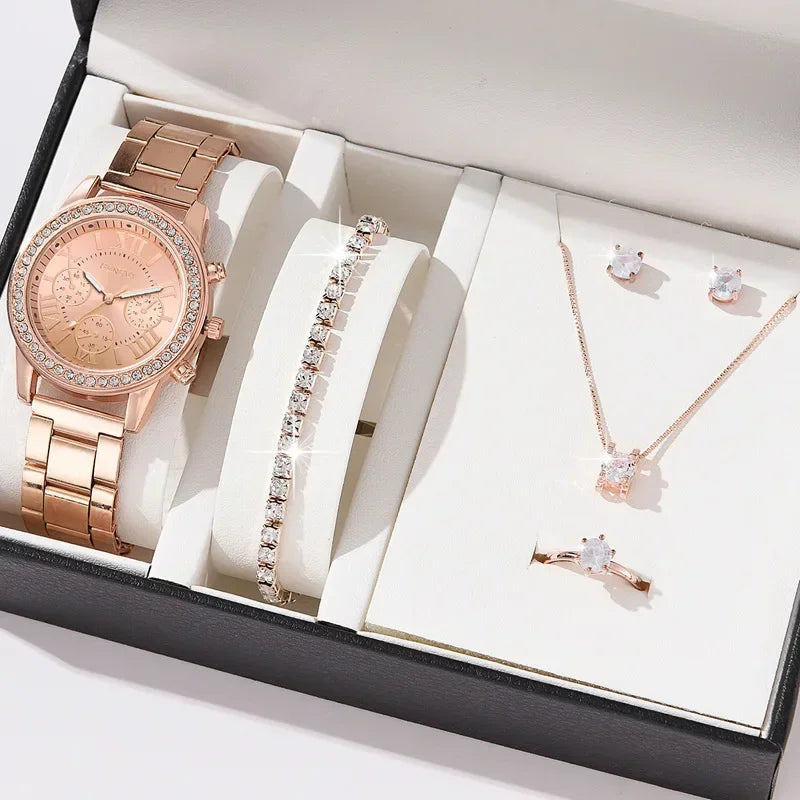 Women Quartz Watch Luxury with Diamonds Simple Stainless Steel Strap Clock Ring Necklace Earrings Rhinestone Set Reloj (no Box)