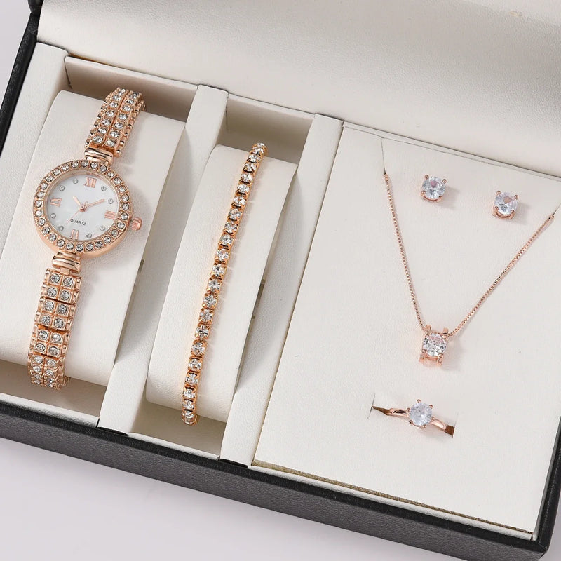 Women Quartz Watch Luxury with Diamonds Simple Stainless Steel Strap Clock Ring Necklace Earrings Rhinestone Set Reloj (no Box)