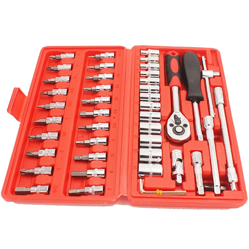 46 PCs Automotive Repair Hand Tool Set Mechanic'S Tool Box,  1/4" Socket Spanner Ratcheting Screwdriver Ratcheting Screwdriver