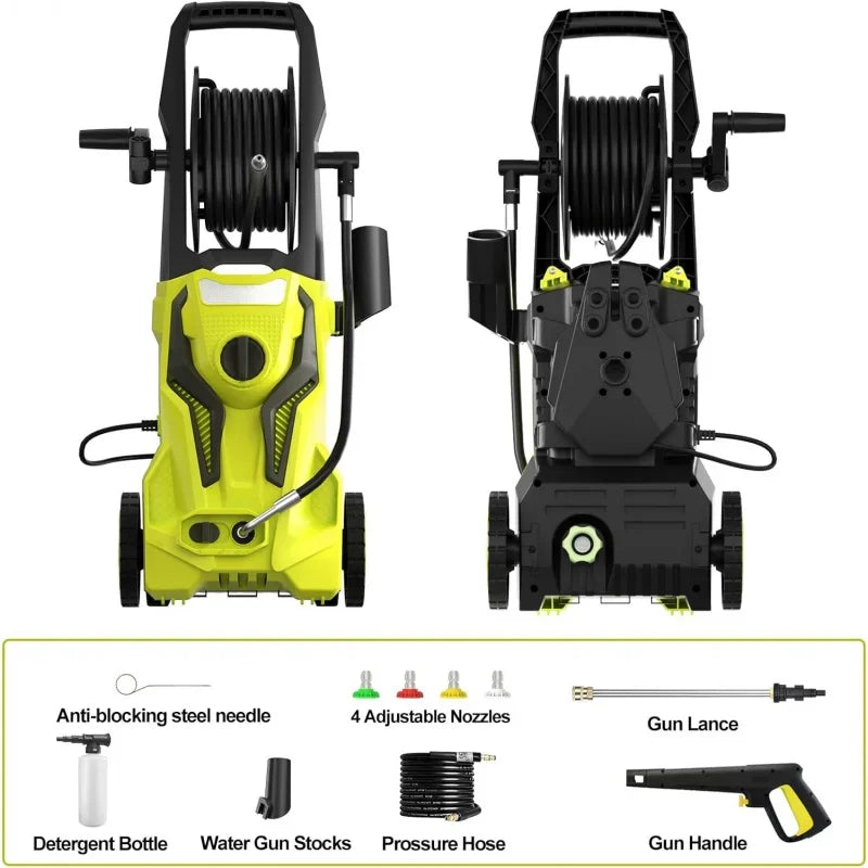 Electric Pressure Washer - 4800 PSI 3.2 GPM Power Washer Electric Powered with 25 FT Hose Reel 4 Interchangeable Nozzle & Foam