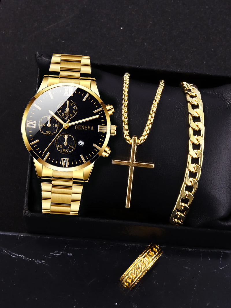 4pcs gold alloy Roman with calendar men's quartz watch and cross necklace bracelet ring set selected gift