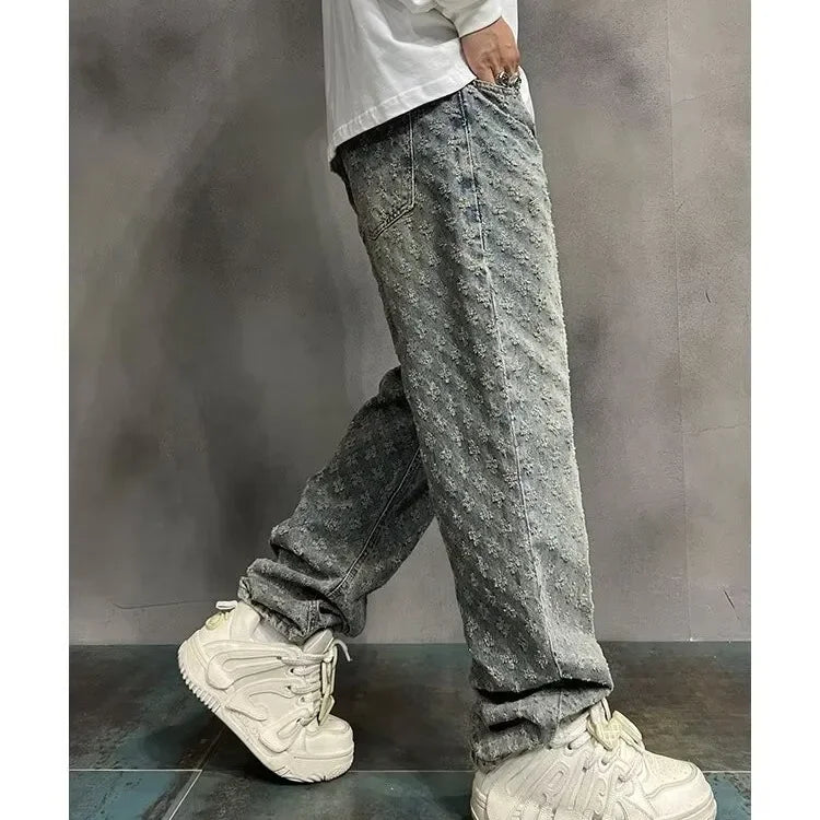 American Style Vintage Men's Jeans Loose Fit Full Printed Design Sensible Niche Straight Leg Pants New Spring Autumn Trendy Bran