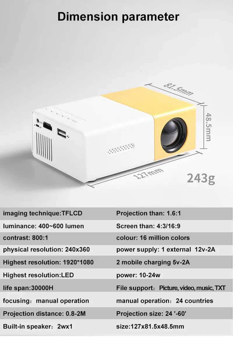 Mini Portable YG300 LED Outdoor Mini HD 1080P Mobile Projector Children's Projector Ultra-clear Mini Portable Projector