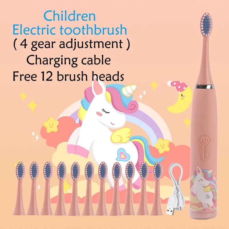 Children Electric Toothbrush Cartoon Kids With Replacement Head Ultrasonic  IPX7 Waterproof Rechargeable Sonic Toothbrush