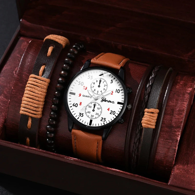 4/2/1pcs Men Sports Watches Set Man Business Quartz Wristwatch Luxury Brown Leather Bracelet Men Casual Clock Watch（no Box）