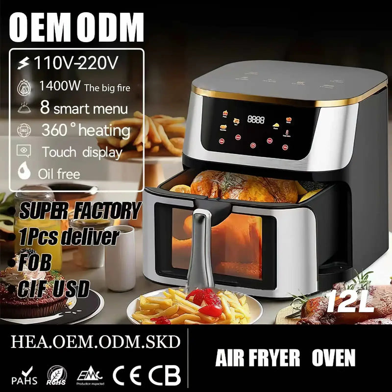 12L Stainless Steel Visible Large Capacity Electric Air Fryer, Multi-function Air Oven, LED Touch Screen,210℃ High Temperature