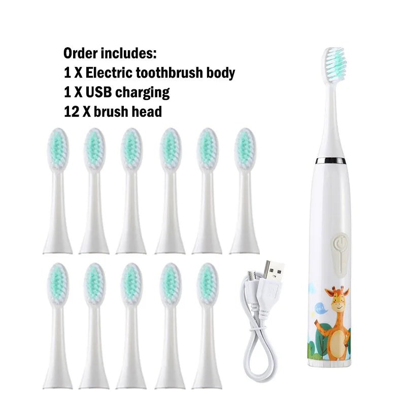 Children Electric Toothbrush Cartoon Kids With Replacement Head Ultrasonic  IPX7 Waterproof Rechargeable Sonic Toothbrush