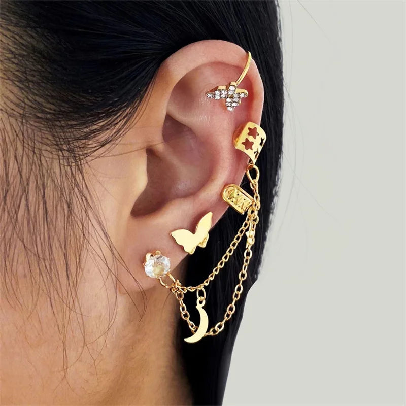 Gold Silver Color Leaves Clip Earrings for Women Creative Simple C Butterfly Ear Cuff Non-Piercing Ear Clips Set Trendy Jewelry