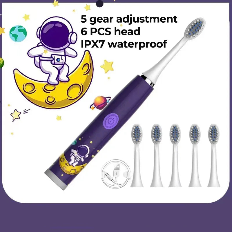 Children Electric Toothbrush Cartoon Kids With Replacement Head Ultrasonic  IPX7 Waterproof Rechargeable Sonic Toothbrush