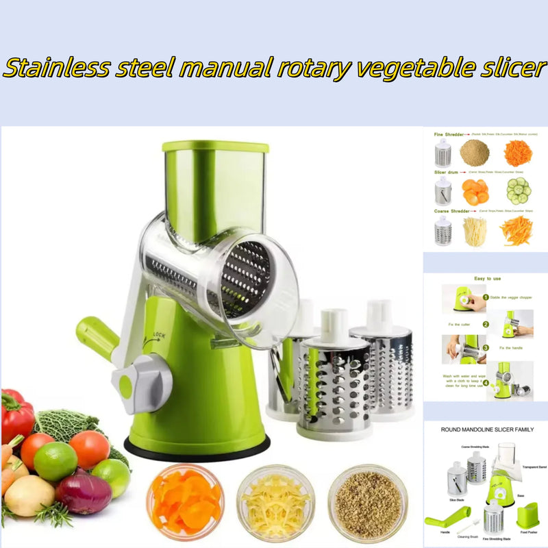 Rebanador de verduras giratorio manual de acero inoxidable para cocina con 3 cub