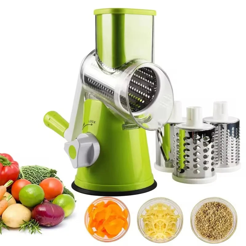 Rebanador de verduras giratorio manual de acero inoxidable para cocina con 3 cub