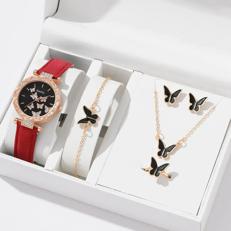 6/1pcs Set Women Watch Ring Necklace Earrings Bracelet Set Watches Butterfly Leather Strap Ladies Quartz WristWatch (No Box)