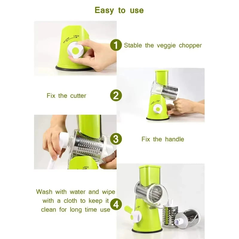 Rebanador de verduras giratorio manual de acero inoxidable para cocina con 3 cub