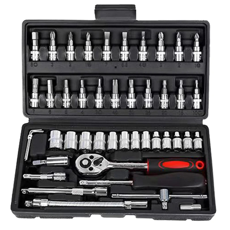 46 PCs Automotive Repair Hand Tool Set Mechanic'S Tool Box, 1/4" Socket Spanner Ratcheting Screwdriver Ratcheting Screwdriver