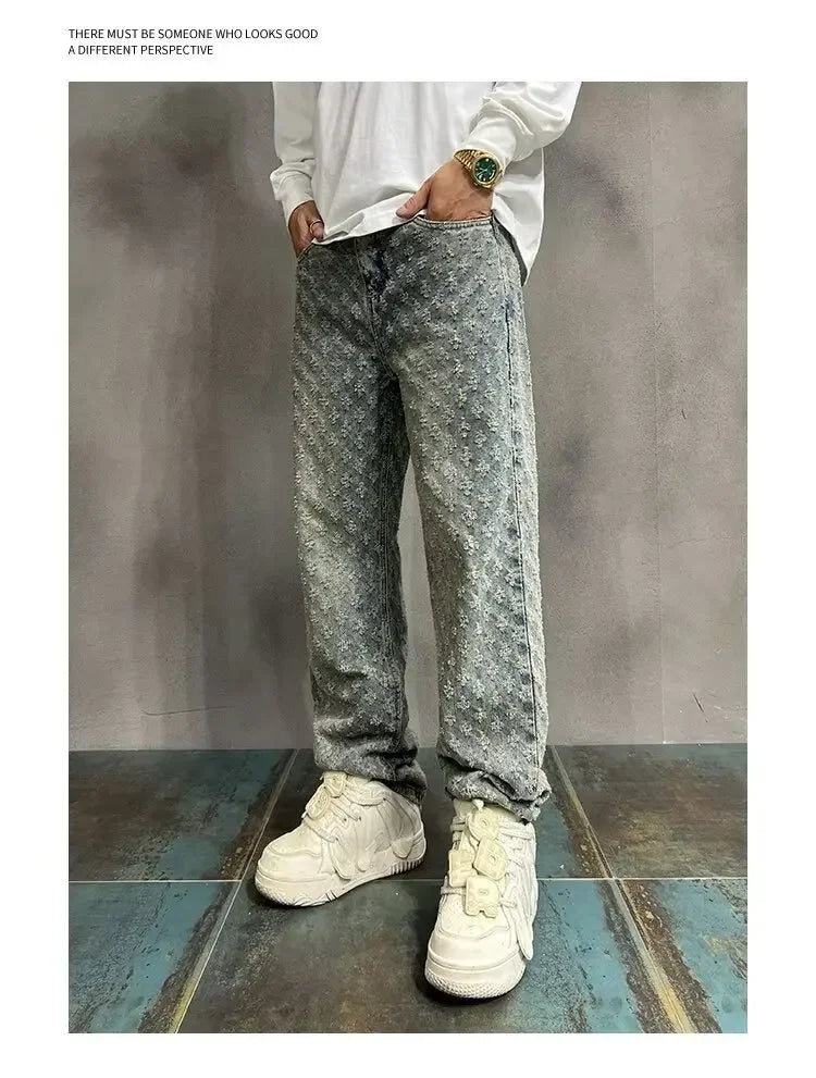 American Style Vintage Men's Jeans Loose Fit Full Printed Design Sensible Niche Straight Leg Pants New Spring Autumn Trendy Bran